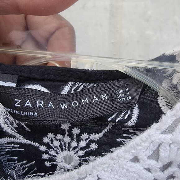 Zara floral embroidered tunic dress womens sz med blk/ Wht - Picture 3 of 4